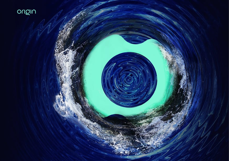 Origin logo surrounded by a wave of water
